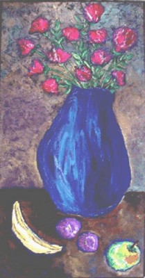 Red Roses in Blue Vase